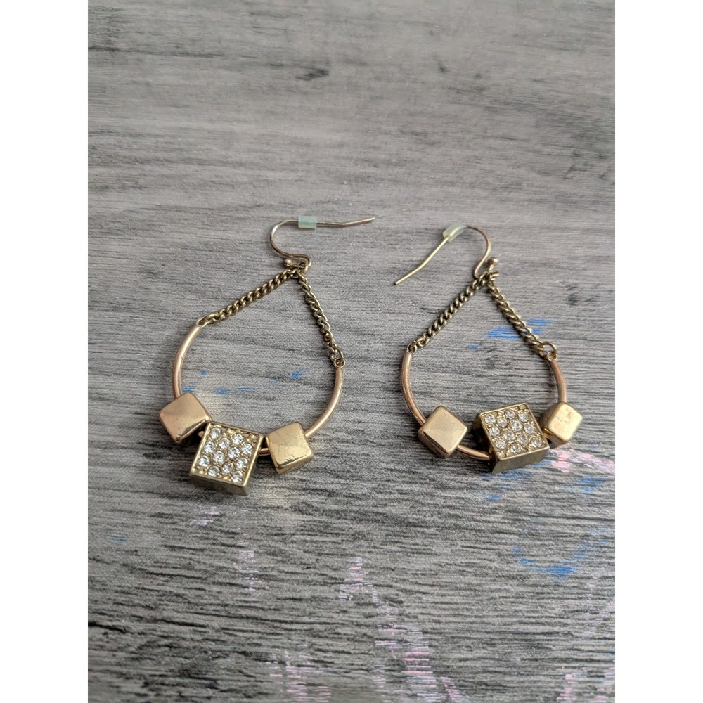 Gold Tone Rhinestone Cube Geometric Teardrop Hoop Dangle Earrings